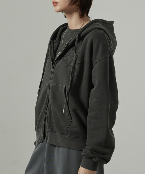 archivio 黒 パーカー 36サイズ パーカー 「Alfred Alex」ヴィンテージ加工ピグメント パッチロゴ