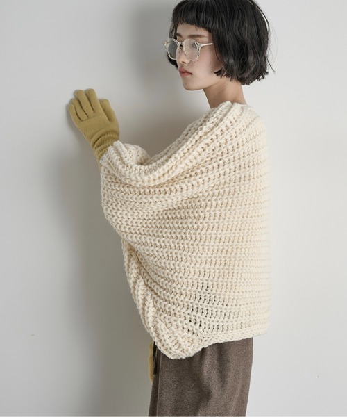 THE Yon ニット セーター 2WAYリボンモチーフ畦編みニットポンチョ