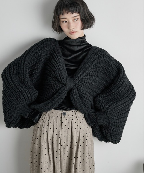 ブラック ニット ポンチョ リボン付き THE Yon ニット セーター 2WAYリボンモチーフ畦編みニットポンチョ