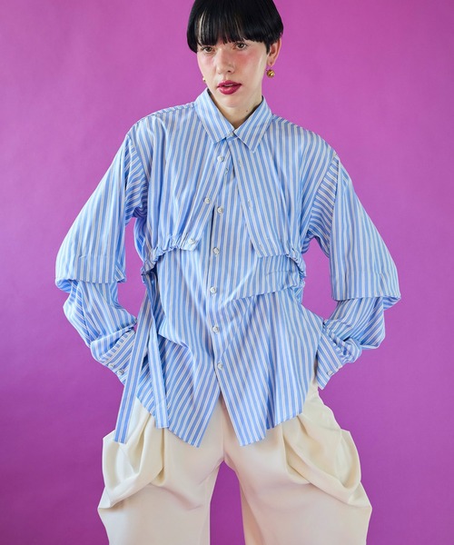 OMMO（オーエムエムオー） ブラウス シャツ 2WAY TUCK LAYERED SHIRT
