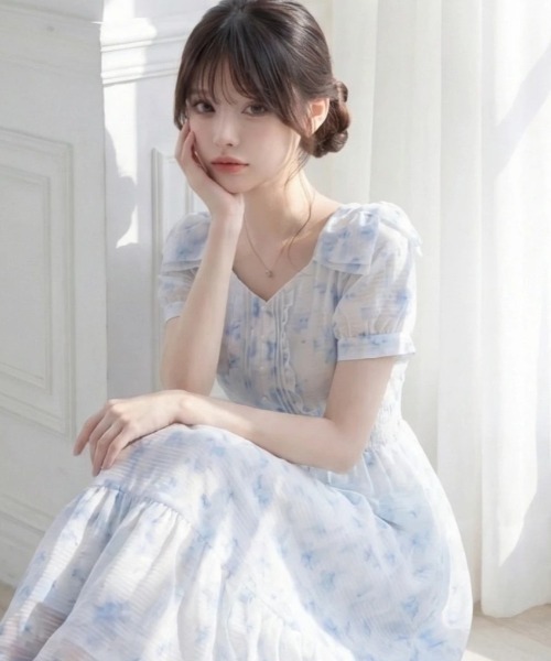 Suyunn ワンピース 肩リボン付きシアーチェック×フラワープリント
