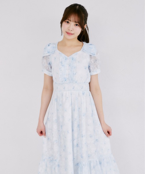 Suyunn ワンピース 肩リボン付きシアーチェック×フラワープリント