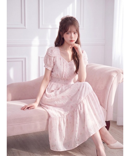 Suyunn ワンピース 半袖 肩リボン付きシアーチェック×フラワープリント