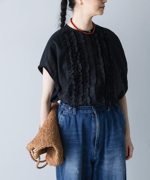 ブラウス シャツ リネンフリルフレンチシャツ レディースの画像