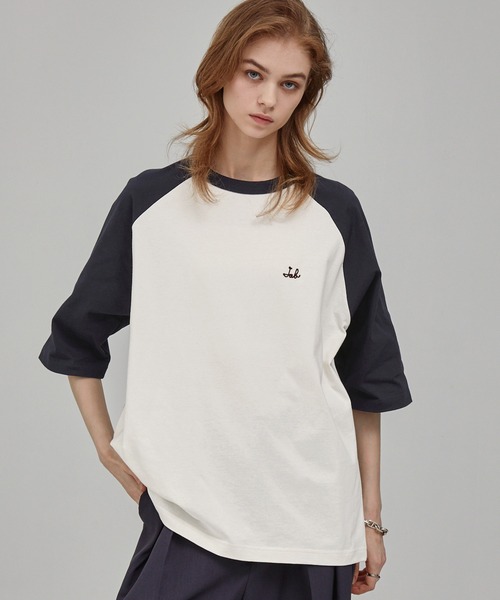 EMMA CLOTHES tシャツ チェーン刺繍ルーズラグランスリーブ半袖T