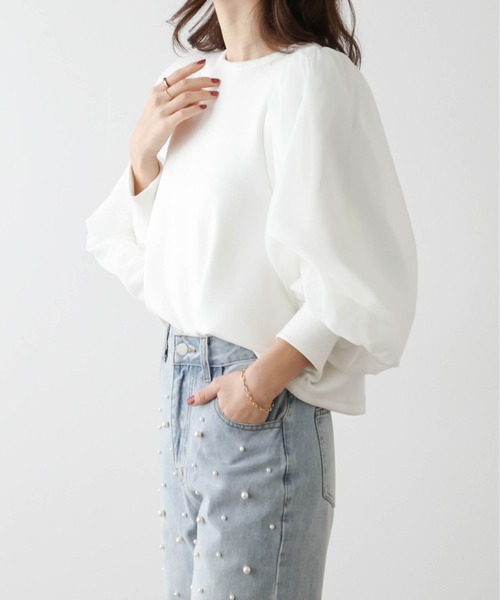 tシャツ シアーオーガンパフスリーブカットソープルオーバー レディース SUGAR BISKET tシャツ シアーオーガンジー袖プルオーバー