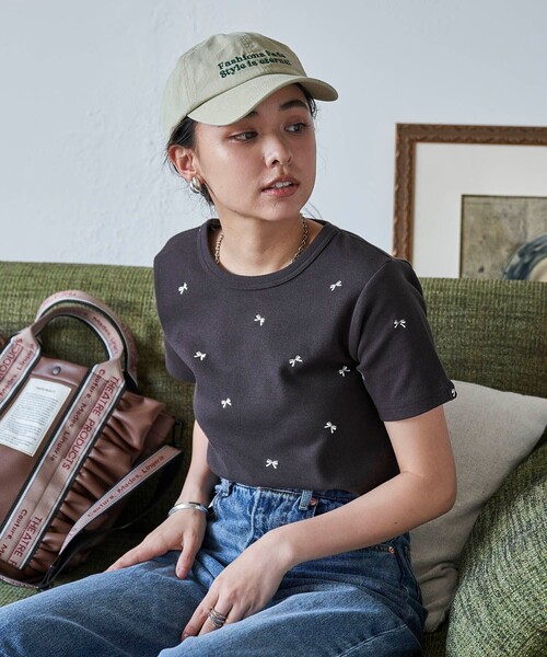 tシャツ ミニリボン付きTシャツ レディース FREAK'S STORE tシャツ ミニリボン刺繍 Tシャツ レディース