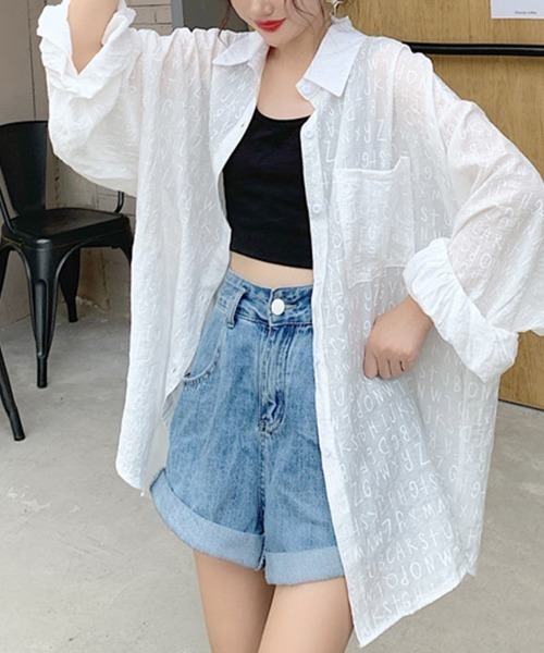 ブラウス シャツ アルファベット柄シアーシャツ レディース