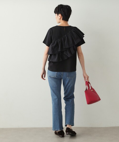 新品未使用タグ付きミュベールフリルTシャツオーガンジー定価26000黒 セール】2段フリルカットソー【洗濯機洗い可】（Tシャツ