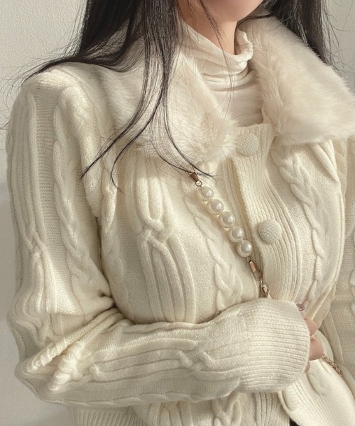 AsRiRe カーディガン 2way フェイクファー ケーブルニットカーディガン