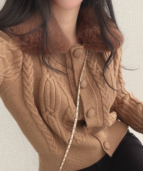 AsRiRe カーディガン 2way フェイクファー ケーブルニットカーディガン