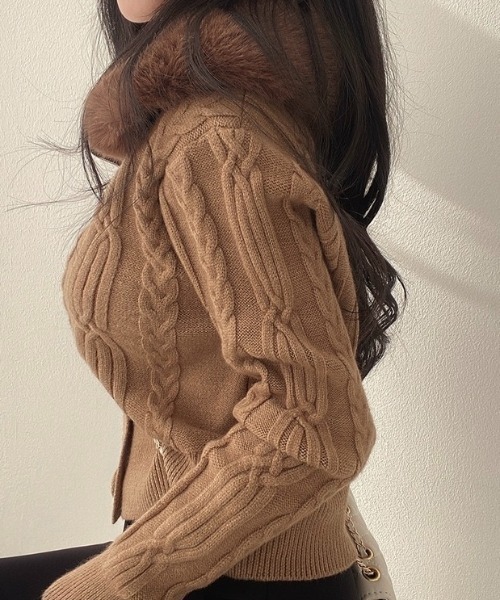 AsRiRe カーディガン 2way フェイクファー ケーブルニットカーディガン