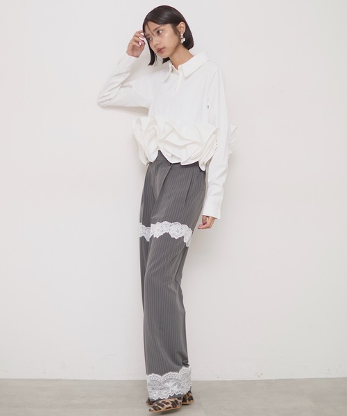 美品レディースM☆DEUXIEME CLASSEストライプスラックスパンツ Aunt Marie's スラックス パンツ ストライプタックワイド