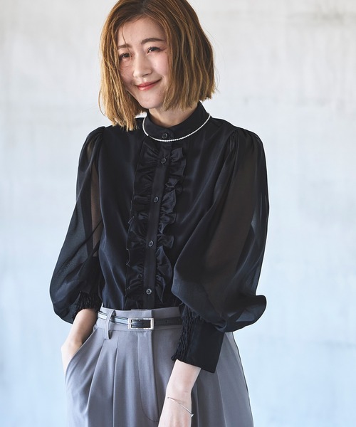 ブラウス シャツ 洗える ｜ オーガンジー スリーブ フロントフリル ブラウス ｜ レディース 体型カバー 長袖 オフィスカジュアル きれいめ 上品
