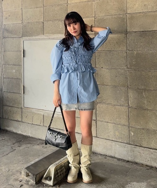 ブラウス シャツ ビスチェレイヤードメッシュシャツ / Bustier Layered Mesh Shirt レディース ビスチェレイヤードメッシュシャツ / Bustier Layered Mesh