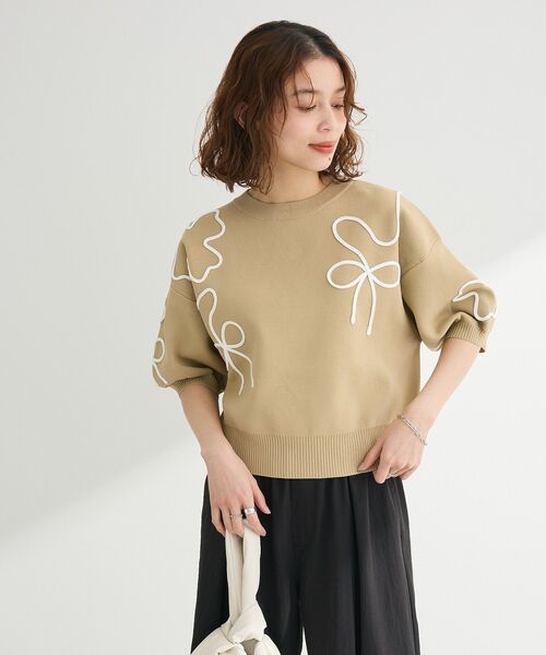 ELENCARE DUE ニット セーター ライン刺繍5分袖ニット レディース