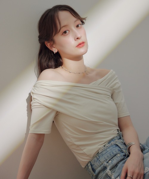 tシャツ オフショルドレープトップス レディース ECREL tシャツ ドレープオフショルトップス「接触冷感