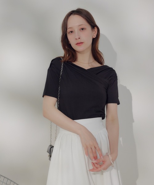 tシャツ オフショルドレープトップス レディース moment+ tシャツ オフショルドレープ長袖プルオーバー