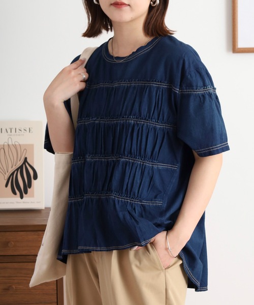 ブラウス シャツ EGLANTINE ダンガリーティアード半袖ブラウス レディース EGLANTINE ブラウス シャツ ダンガリーティアード半袖ブラウス