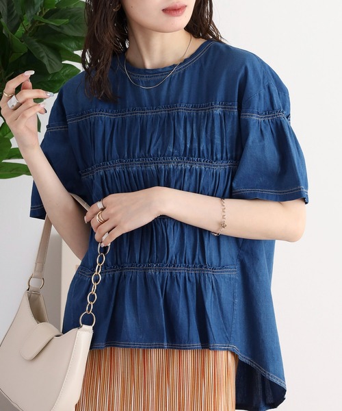 ブラウス シャツ EGLANTINE ダンガリーティアード半袖ブラウス レディース