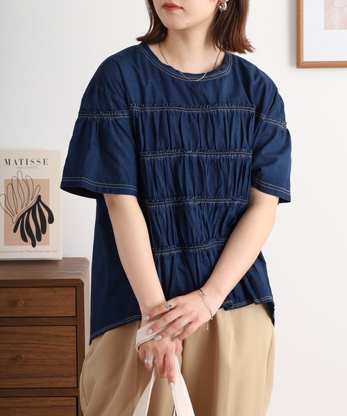 ブラウス シャツ EGLANTINE ダンガリーティアード半袖ブラウス レディース EGLANTINE ブラウス シャツ ダンガリーティアード半袖ブラウス