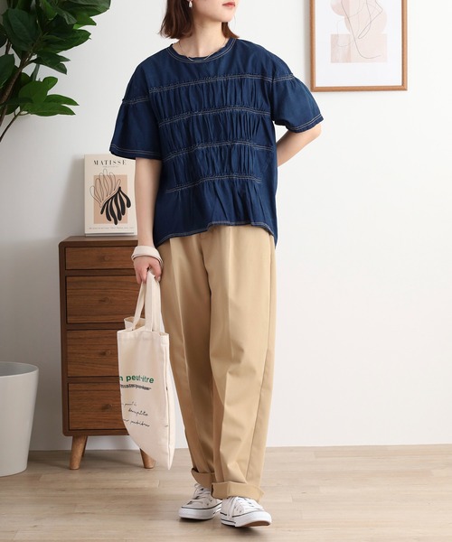 ブラウス シャツ EGLANTINE ダンガリーティアード半袖ブラウス レディース EGLANTINE ブラウス シャツ ダンガリーティアード半袖ブラウス