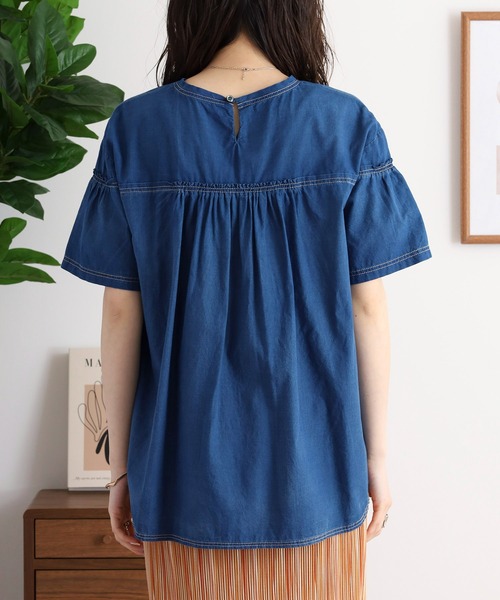 ブラウス シャツ EGLANTINE ダンガリーティアード半袖ブラウス レディース EGLANTINE ブラウス シャツ ダンガリーティアード半袖ブラウス
