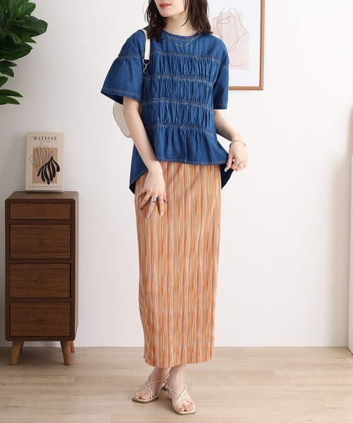 ブラウス シャツ EGLANTINE ダンガリーティアード半袖ブラウス レディース EGLANTINE ブラウス シャツ ダンガリーティアード半袖ブラウス