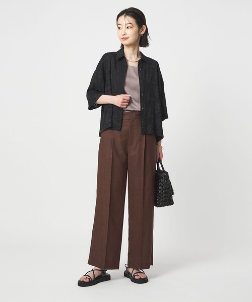 スラックス パンツ 「size SHORT/TALLあり」ライト リネンライク ストレート パンツ UVカット 通気性 レディースの画像