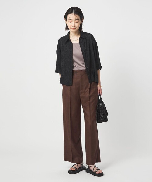 スラックス パンツ 「size SHORT/TALLあり」ライト リネンライク ストレート パンツ UVカット 通気性 レディースの画像