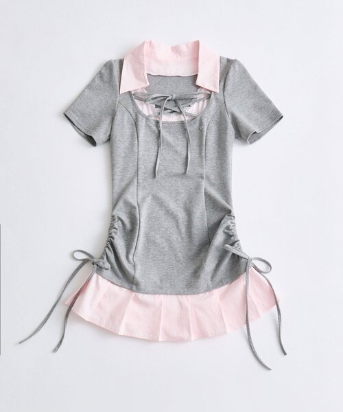 値下げ中│OLIVE des OLIVE レイヤード風着痩せワンピ OLIVE des OLIVE（オリーブデオリーブ） ワンピース 半袖 「インフル