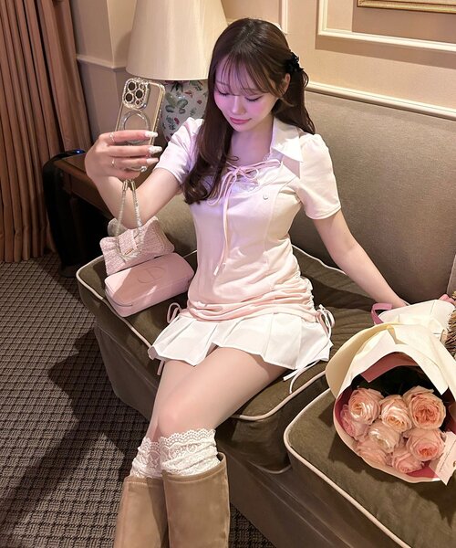 ワンピース 「インフルエンサー企画/新色追加」keru レイヤード風着痩せミニワンピの画像
