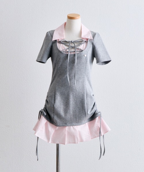 ワンピース 「インフルエンサー企画/新色追加」keru レイヤード風着痩せミニワンピの画像