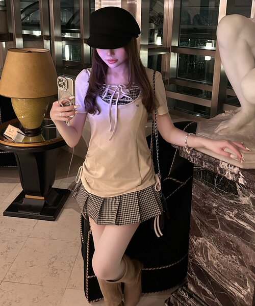 ワンピース 「インフルエンサー企画/新色追加」keru レイヤード風着痩せミニワンピの画像