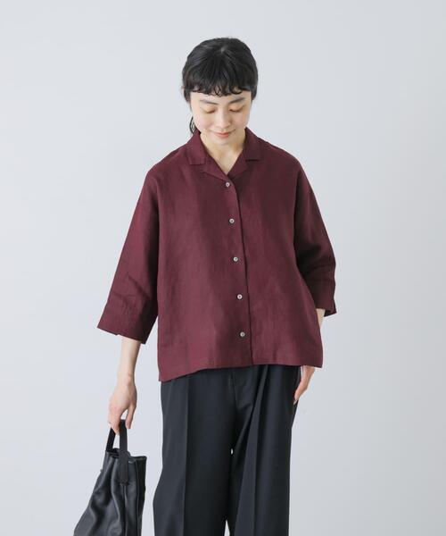 ブラウス シャツ リネン半袖オープンカラーシャツ レディースの画像