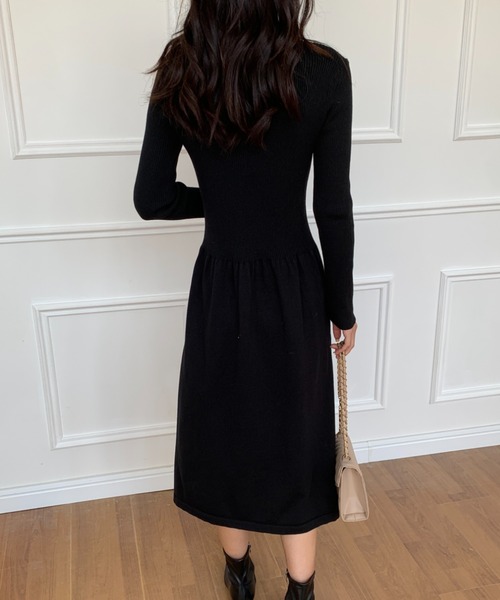 ECLIN（エクラン） ワンピース ハイネックリブ切替ニットワンピース