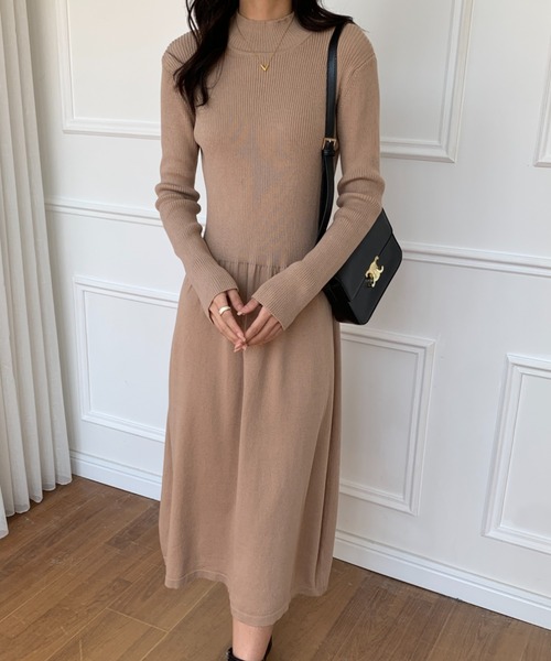 ECLIN（エクラン） ワンピース ハイネックリブ切替ニットワンピース