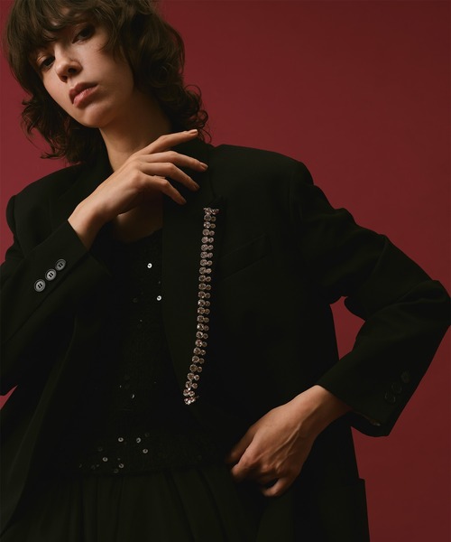 allureville ブラック メッシュブレザー 金ボタン ウールボタンレスジャケット|allureville OFFICIAL SITE