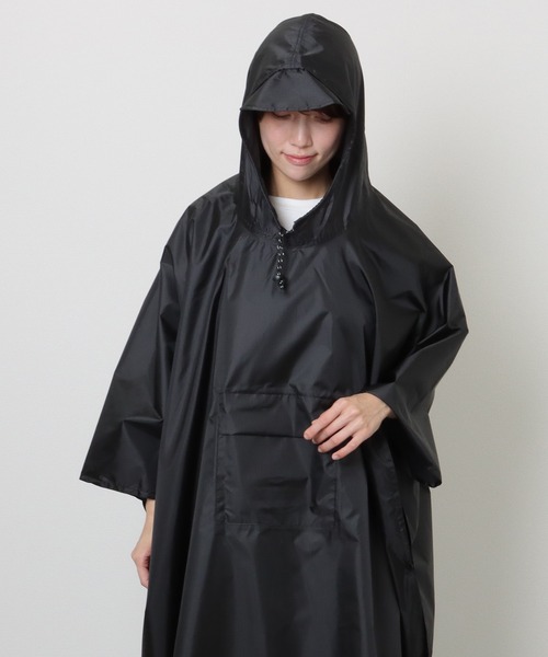 希少美品✨アドーア レインチョ ロングポンチョコート ポーチ付 ブラック Lace Ladies レインコート カッパ ソリッドカラー ポケッタブル