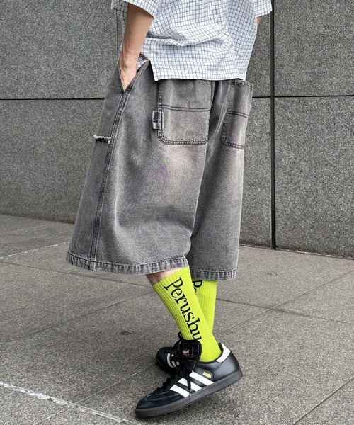 Perushu パンツ ダブルニーワイドハーフパンツ メンズ レディース