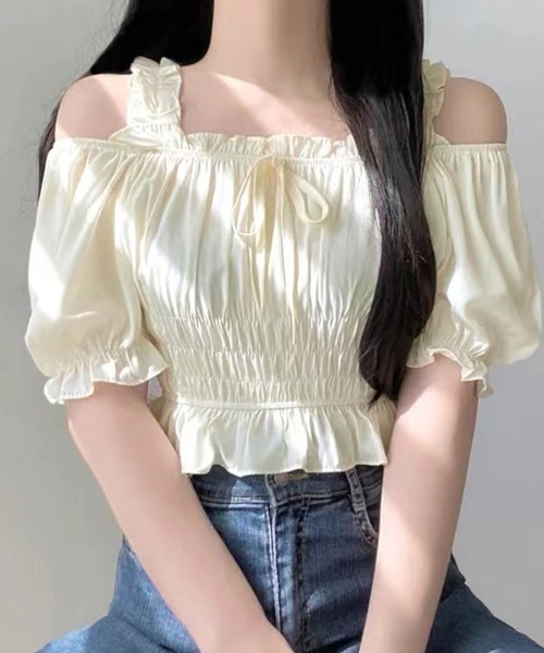 【GABRIELA HEARST】オフショルダー シャーリング入り Riff ブラウス シャツ オフショルダーシャーリングトップス