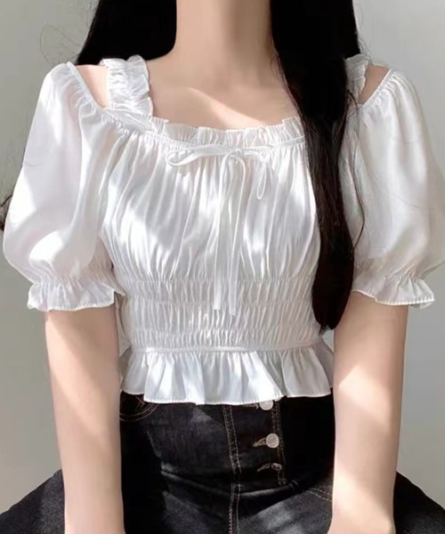 lilLilly シャーリングトップス ブラウス カットソー オフショルダー LITTLE】シャーリングオフショルダートップス | lilLilly official