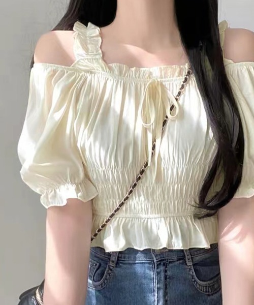 Riff（リフ） ブラウス シャツ オフショルダーシャーリングトップス