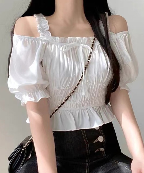 Riff（リフ） ブラウス シャツ オフショルダーシャーリングトップス