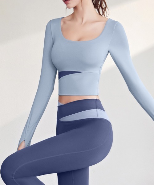 カップ付き 長袖 フィットネス ヨガウェア+レギンス 2点セット