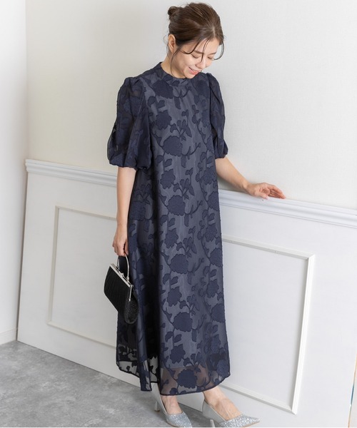 PREFERIR オケージョンドレス　ネイビー　Lサイズ PREFERIR ドレス バブルスリーブAライン結婚式 パーティー