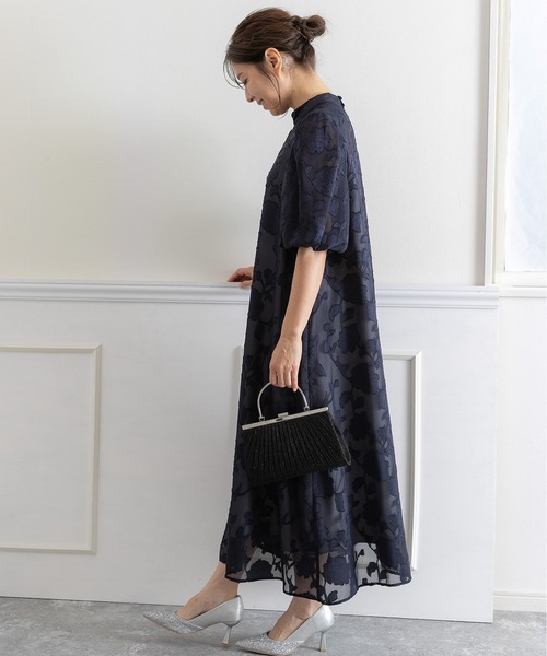 PREFERIR オケージョンドレス　ネイビー　Lサイズ PREFERIR ドレス バブルスリーブAライン結婚式 パーティー