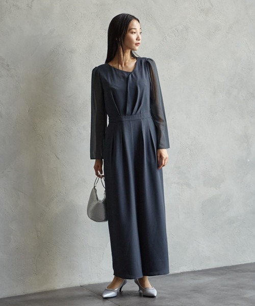 AIMER パンツドレス アシンメトリーネックラメスリーブ
