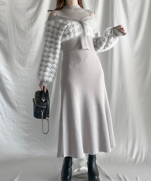 ワンピース ジャガードカーデレイヤードニットワンピース  