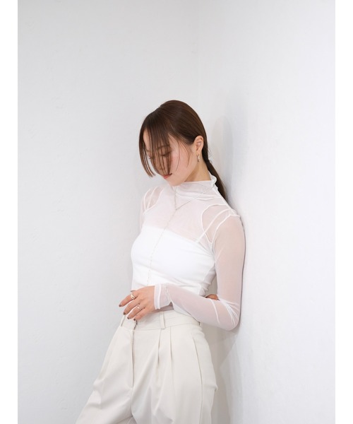 Reurie' tシャツ レイヤード風シアーハイネックトップス